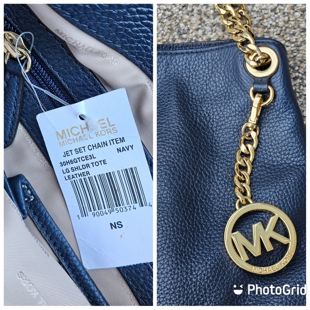 Michael Kors Jet Set Medium Navy Blue Chain Link Leather Shoulder Bag Purse - Picture 2 of 16